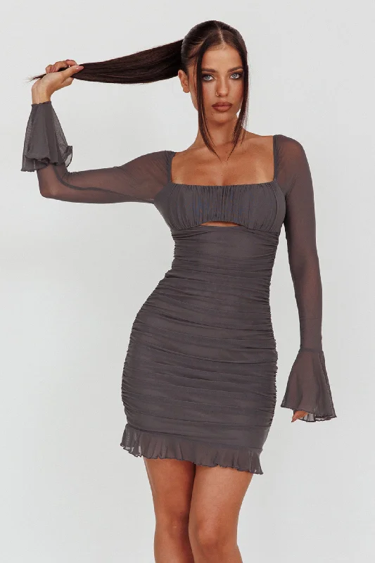 Mini dresses with polka dot patterns In Bloom Flared Cuff Mini Dress Charcoal