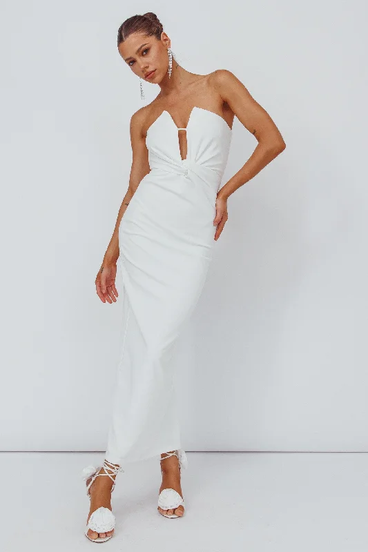 Midi dresses with puff sleeves for a vintage - inspired look Deonne Twist Waist Midi Dress White Midi dresses with puff sleeves for a vintage - inspired look Deonne Twist Waist Midi Dress White