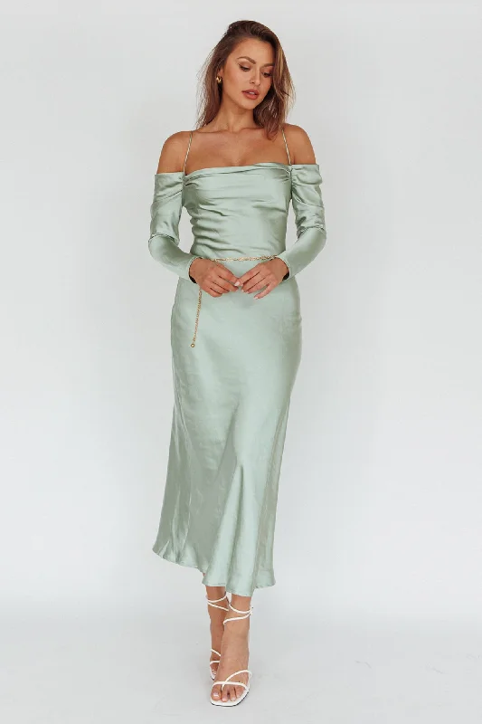 Midi dresses with cold - shoulder cutouts for a trendy style Ellory Long Sleeve Off-Shoulder Dress Sage Midi dresses with cold - shoulder cutouts for a trendy style Ellory Long Sleeve Off-Shoulder Dress Sage
