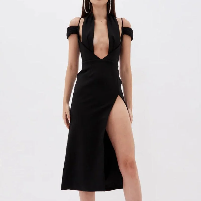 Midi dresses with embroidered accents for a unique and detailed design KittenAlarm - Coraline Halter Neck Thigh Slit Midi Dress