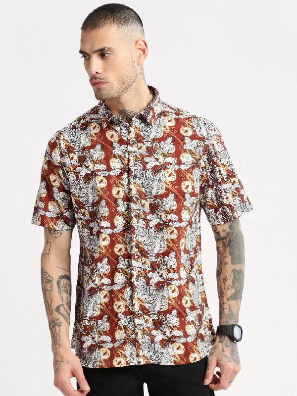 Men's Organic Cotton Casual Shirts with a Soft Handfeel for Everyday ComfortMen Spread Collar Floral Brown Casual Shirt Men's Organic Cotton Casual Shirts with a Soft Handfeel for Everyday ComfortMen Spread Collar Floral Brown Casual Shirt