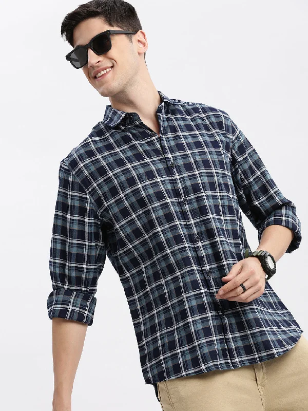 Men's Tailored Fit Checkered Casual Shirts in Multicolor for a Smart - Casual EnsembleMen Spread Collar Tartan Checks Navy Blue Shirt Men's Tailored Fit Checkered Casual Shirts in Multicolor for a Smart - Casual EnsembleMen Spread Collar Tartan Checks Navy Blue Shirt
