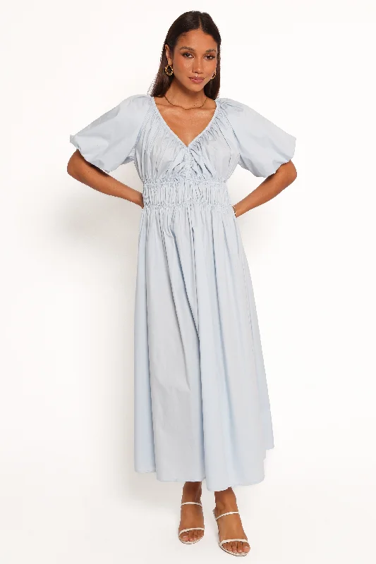 Plaid midi dresses for a fall - themed family gathering Rozie Midi Dress - Baby Blue