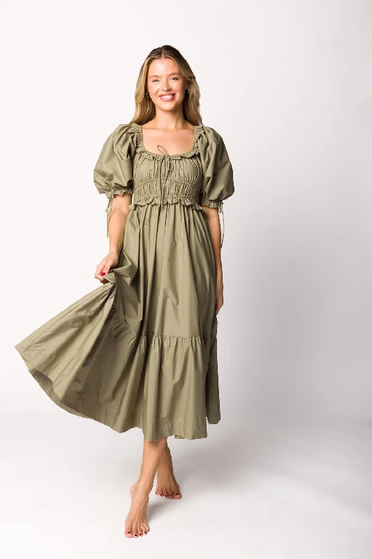 Midi dresses with lace - up fronts for a unique and adjustable style Crissy Ruched Midi Dress in Dusty Olive - Bump Friendly Midi dresses with lace - up fronts for a unique and adjustable style Crissy Ruched Midi Dress in Dusty Olive - Bump Friendly