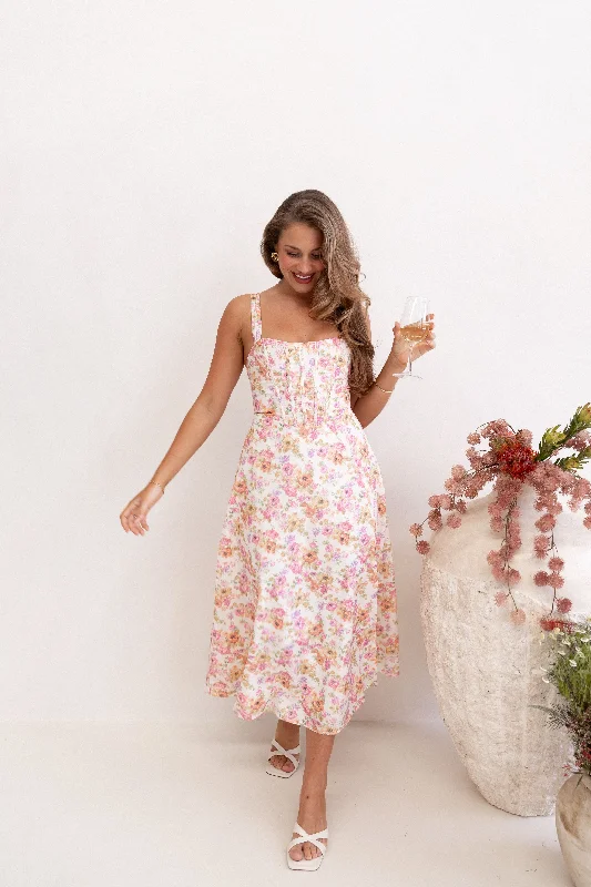 Midi dresses with ruched sleeves for a more fitted and stylish arm look Cosima Midi Dress - Pink Floral