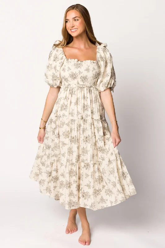 Midi dresses with ruffled sleeves for a more feminine and voluminous look Elena Toile Print Smocked Midi Dress in Ivory - Bump Friendly Midi dresses with ruffled sleeves for a more feminine and voluminous look Elena Toile Print Smocked Midi Dress in Ivory - Bump Friendly