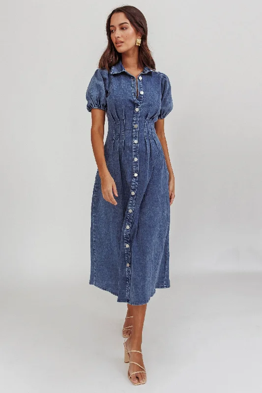 Midi dresses with tassel accents for a bohemian and free - spirited style Zurich Pleated Waist Midi Dress Denim Dark Blue Midi dresses with tassel accents for a bohemian and free - spirited style Zurich Pleated Waist Midi Dress Denim Dark Blue