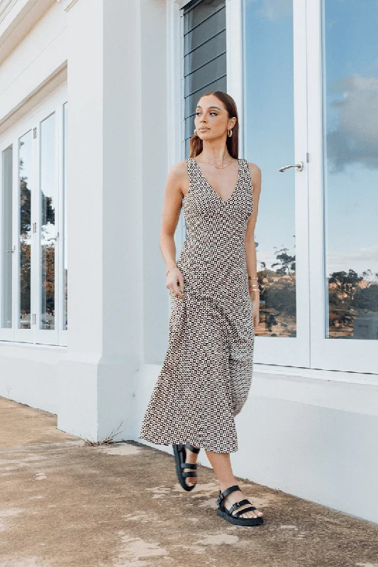 Midi dresses with bow accents for a sweet and charming look Brown Geo Midi Dress V Neck Sleeveless