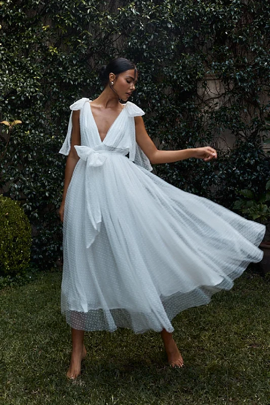 Midi dresses with ruffled hems for a romantic date night First Waltz Bow Shoulder Hail Spot Midi Dress Off White