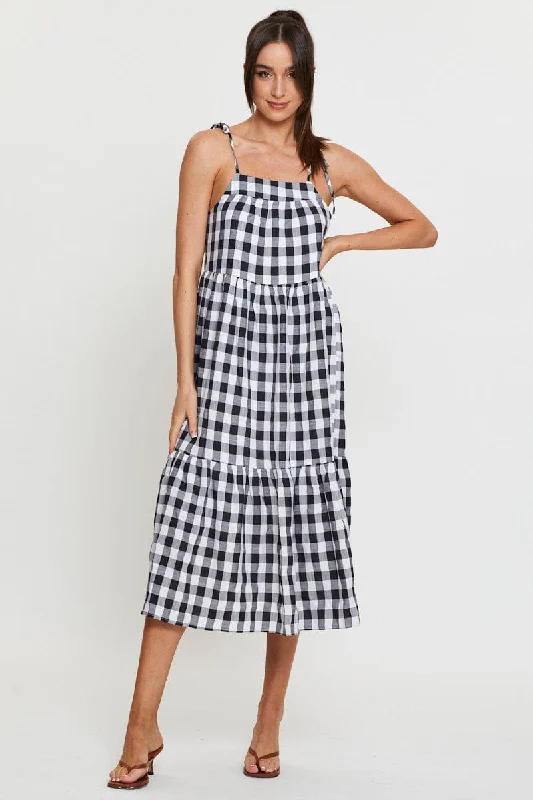 Maxi - inspired midi dresses with flowing fabrics for a beachy vibe Check Midi Dress Sleeveless Tie Shoulder Maxi - inspired midi dresses with flowing fabrics for a beachy vibe Check Midi Dress Sleeveless Tie Shoulder