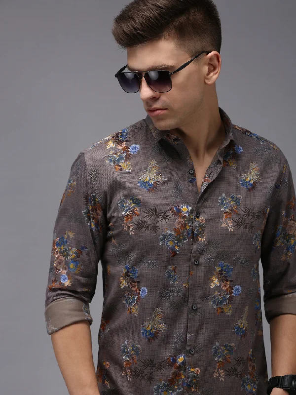 Men's Shearling - Lined Collar Casual Shirts in Brown for a Rustic and Warm AppealMen Grey Printed Casual Shirt Men's Shearling - Lined Collar Casual Shirts in Brown for a Rustic and Warm AppealMen Grey Printed Casual Shirt