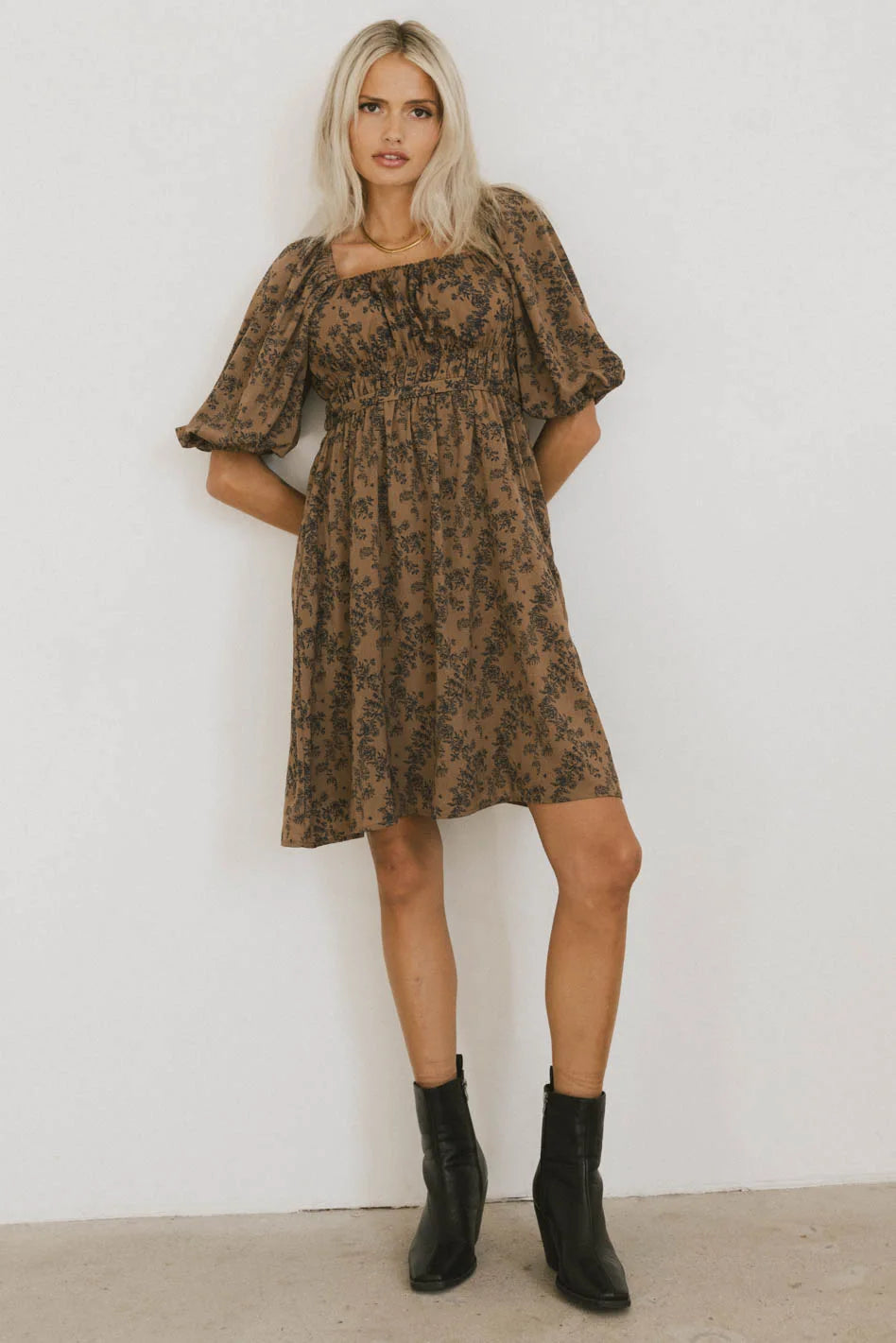 Mini dresses with V - necklines for a flattering shape Bellamy Mini Dress in Brown - FINAL SALE Mini dresses with V - necklines for a flattering shape Bellamy Mini Dress in Brown - FINAL SALE