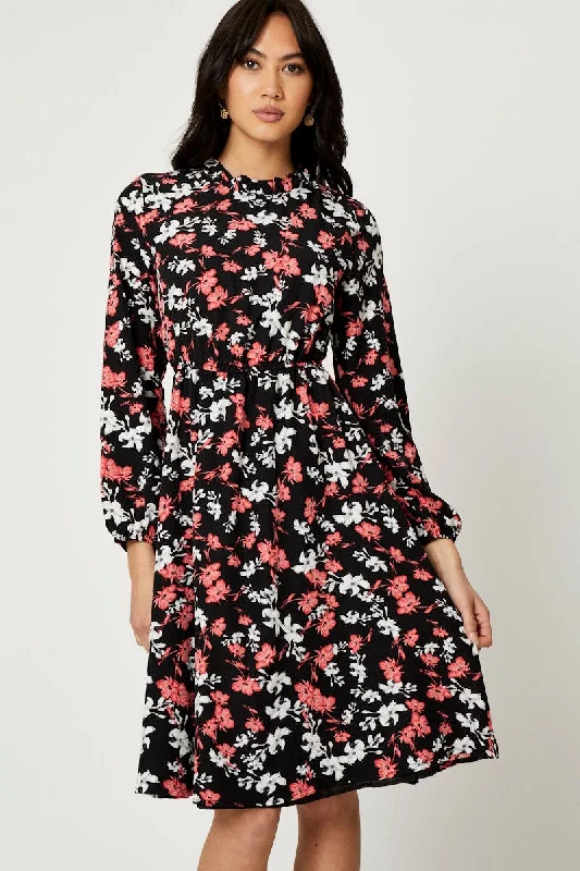 Maxi - inspired midi dresses with flowing fabrics for a beachy vibe Print High Neck Floral Midi Dress