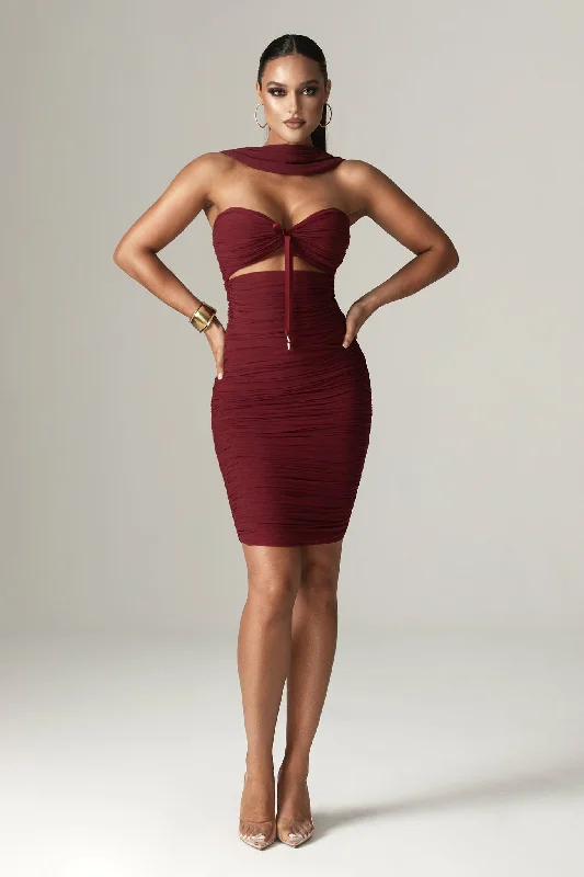 Midi dresses with one - shoulder designs for a modern and asymmetric style Bellucci Pleated Shawl Neckline Ruched Midi Dress (Burgundy) Midi dresses with one - shoulder designs for a modern and asymmetric style Bellucci Pleated Shawl Neckline Ruched Midi Dress (Burgundy)
