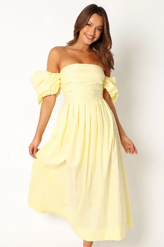 Midi dresses with wrap - around skirts for a customizable fit Solana Off Shoulder Midi Dress - Yellow Midi dresses with wrap - around skirts for a customizable fit Solana Off Shoulder Midi Dress - Yellow
