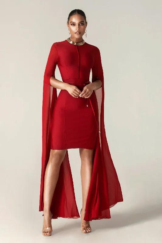 Midi dresses with pleated bodices for a classic and tailored look Ziba Bandage Shawl Sleeves Midi Dress (Maroon) Midi dresses with pleated bodices for a classic and tailored look Ziba Bandage Shawl Sleeves Midi Dress (Maroon)