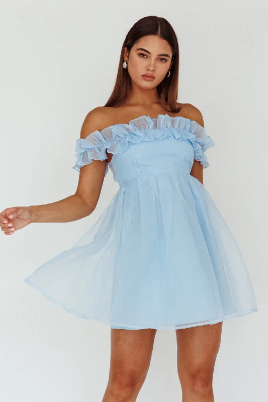 Mini dresses with beaded embellishments for a fancy event Dreamers Off-Shoulder Frill Mini Dress Light Blue Mini dresses with beaded embellishments for a fancy event Dreamers Off-Shoulder Frill Mini Dress Light Blue
