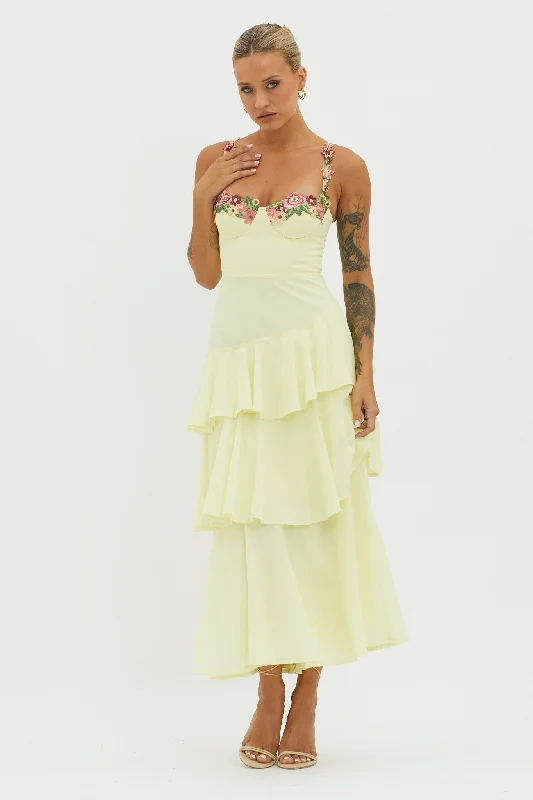 Midi dresses with button - down skirts for a unique and functional design Rose Garden Tiered Ruffle Floral Trim Dress Lemon Midi dresses with button - down skirts for a unique and functional design Rose Garden Tiered Ruffle Floral Trim Dress Lemon