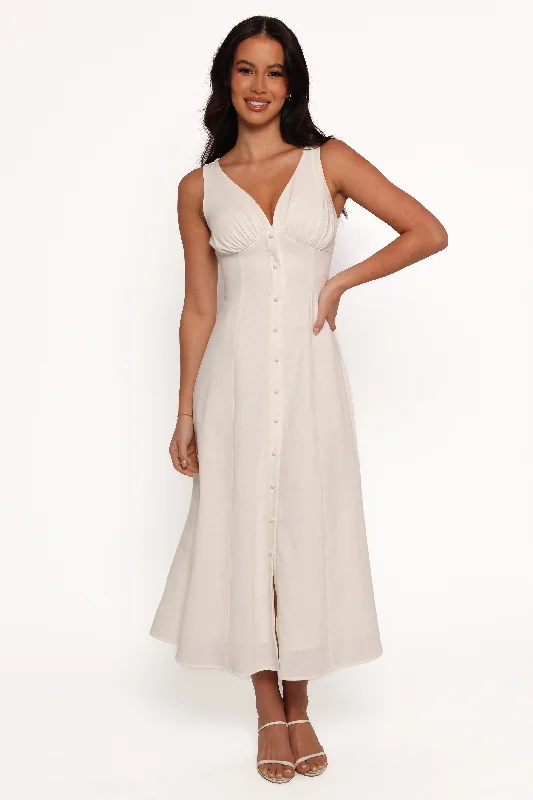 Midi dresses with denim fabric for a casual yet stylish day out Barbara Midi Button Down Dress - White Midi dresses with denim fabric for a casual yet stylish day out Barbara Midi Button Down Dress - White
