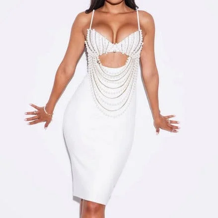 Midi dresses with V - necklines for a flattering and elongating effect KittenAlarm - Ophelia Strappy Pearl Midi Dress