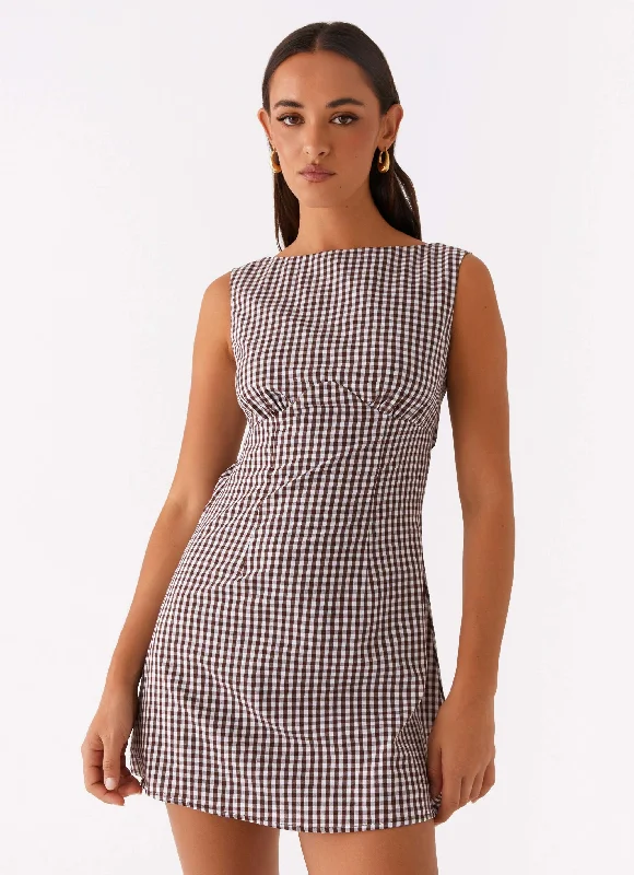 Denim mini dresses with distressed details Lotus Tie Back Mini Dress - Chocolate Gingham Denim mini dresses with distressed details Lotus Tie Back Mini Dress - Chocolate Gingham