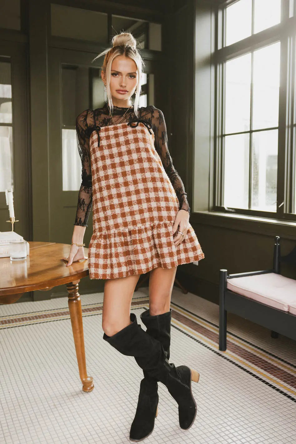 Mini dresses with belted waists for a defined silhouette Blair Checkered Dress