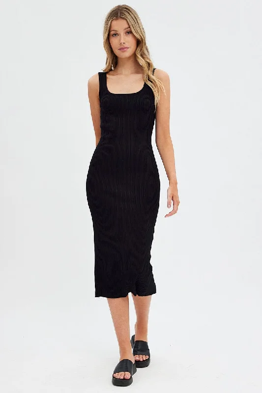 Midi dresses with pom - pom trims for a playful and festive look Black Knit Midi Dress Sleeveless Scoop Neck Bodycon Rib Midi dresses with pom - pom trims for a playful and festive look Black Knit Midi Dress Sleeveless Scoop Neck Bodycon Rib