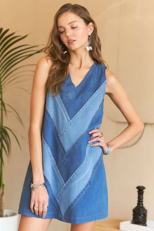 Mini dresses with mesh panels for a sexy and trendy look ADORA Chevron Color Block V-Neck Denim Dress Mini dresses with mesh panels for a sexy and trendy look ADORA Chevron Color Block V-Neck Denim Dress