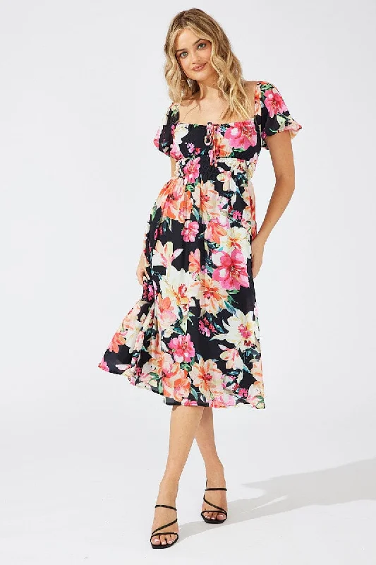 Midi dresses with denim fabric for a casual yet stylish day out Black Floral Midi Dress Short Sleeve Ruched Bust