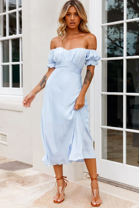 Midi dresses with sheer panels for a touch of allure Linka Off-Shoulder Tie Back Midi Dress Steel Blue Midi dresses with sheer panels for a touch of allure Linka Off-Shoulder Tie Back Midi Dress Steel Blue