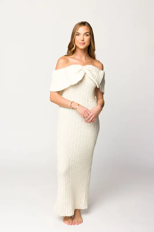 High - low midi dresses with geometric patterns for a modern party Aston Bow Front Maxi Sweater Dress in Ivory High - low midi dresses with geometric patterns for a modern party Aston Bow Front Maxi Sweater Dress in Ivory