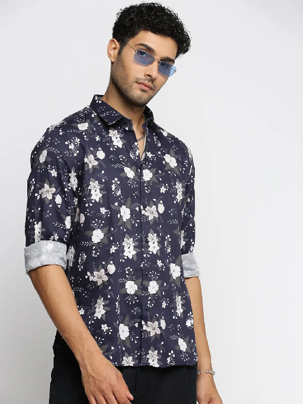 Plus Size Men's Striped Chambray Casual Shirts with a Spread Collar for a Preppy AppearanceMen Navy Blue Spread Collar Floral Shirt Plus Size Men's Striped Chambray Casual Shirts with a Spread Collar for a Preppy AppearanceMen Navy Blue Spread Collar Floral Shirt