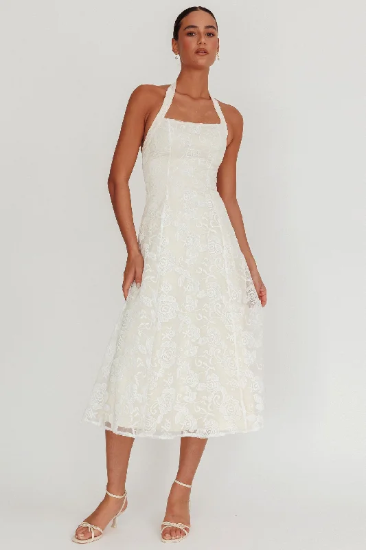 Plaid midi dresses for a fall - themed family gathering Elliott A-Line Halter Neck Midi Dress White Plaid midi dresses for a fall - themed family gathering Elliott A-Line Halter Neck Midi Dress White
