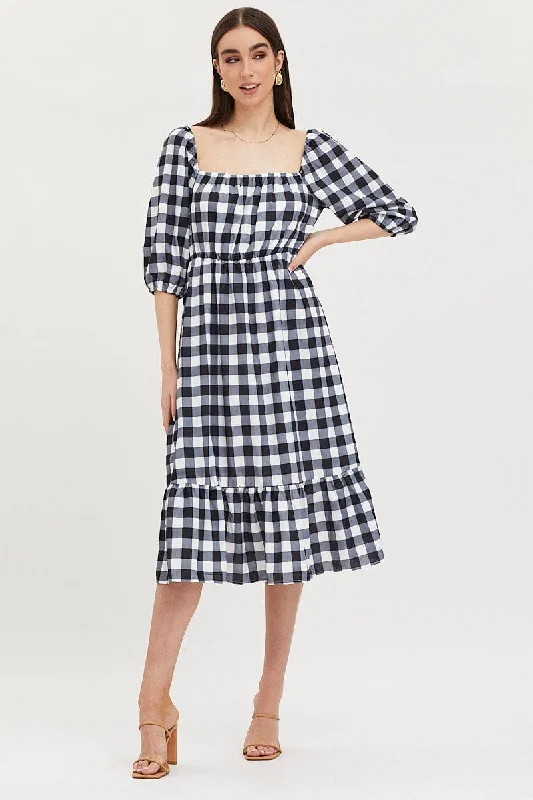 Midi dresses with embroidered accents for a unique and detailed design Check Midi Dress Puff Sleeve Midi dresses with embroidered accents for a unique and detailed design Check Midi Dress Puff Sleeve