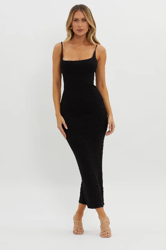 Midi dresses with puff sleeves for a vintage - inspired look Sai Ribbed Knit Midi Dress Black Midi dresses with puff sleeves for a vintage - inspired look Sai Ribbed Knit Midi Dress Black