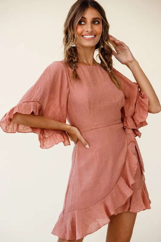 Mini dresses with puff sleeves for a vintage look Make It Happen Flared Sleeve Ruffle Trim Dress Rose Mini dresses with puff sleeves for a vintage look Make It Happen Flared Sleeve Ruffle Trim Dress Rose