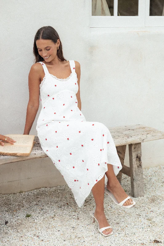 Midi dresses with ruffled sleeves for a more feminine and voluminous look Salli Midi Dress - White/Red Midi dresses with ruffled sleeves for a more feminine and voluminous look Salli Midi Dress - White/Red