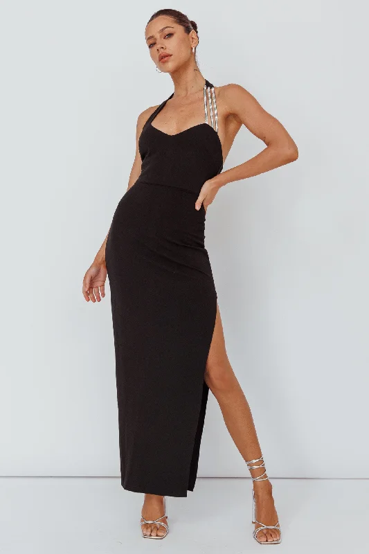 Midi dresses with metallic threads for a glamorous evening event Leading Role Diamante Strap Halter Dress Black Midi dresses with metallic threads for a glamorous evening event Leading Role Diamante Strap Halter Dress Black