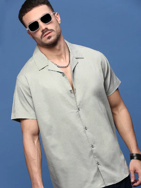 Men's Wrinkle - Resistant Polyester Blend Casual Shirts for Easy Travel and MaintenanceMen Green Solid Cuban Collar Shirt Men's Wrinkle - Resistant Polyester Blend Casual Shirts for Easy Travel and MaintenanceMen Green Solid Cuban Collar Shirt