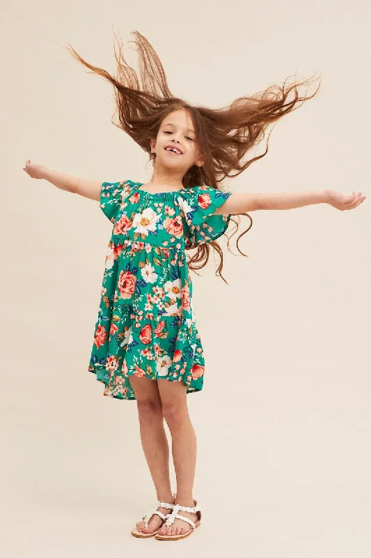 Midi dresses with ribbed textures for a unique and tactile appearance Green Floral Kids Short Sleeve Midi Dress
