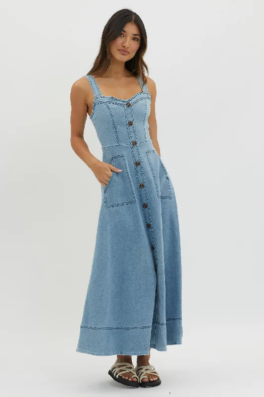 Midi dresses with ruffled bodices for a more pronounced feminine look Laureen Pocket Maxi Dress Denim Blue