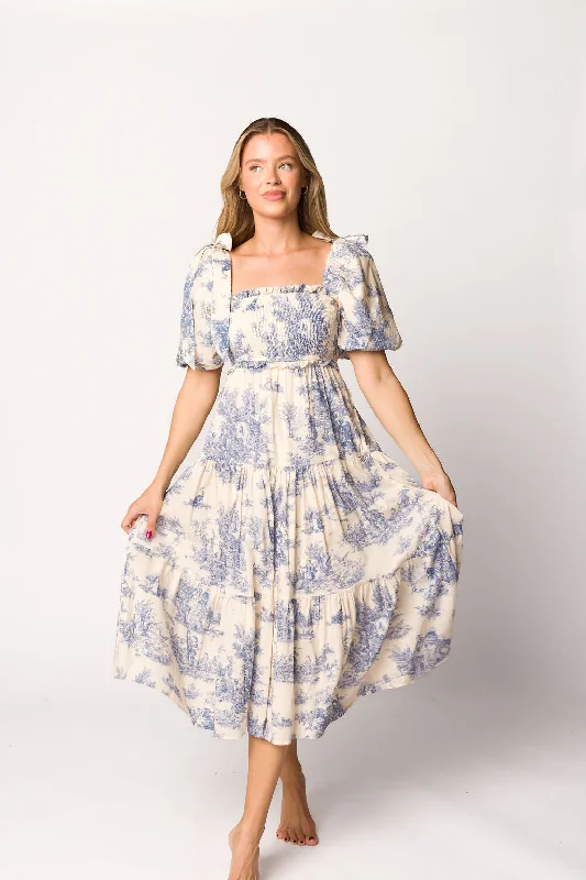 A - line midi dresses with floral prints for spring brunches Elena 100% Cotton Toile Print Smocked Midi Dress in Blue - Bump Friendly (Restocking in April)