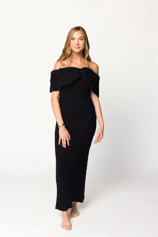 Midi dresses with embroidered accents for a unique and detailed design Aston Bow Front Maxi Sweater Dress in Black - Bump Friendly Midi dresses with embroidered accents for a unique and detailed design Aston Bow Front Maxi Sweater Dress in Black - Bump Friendly
