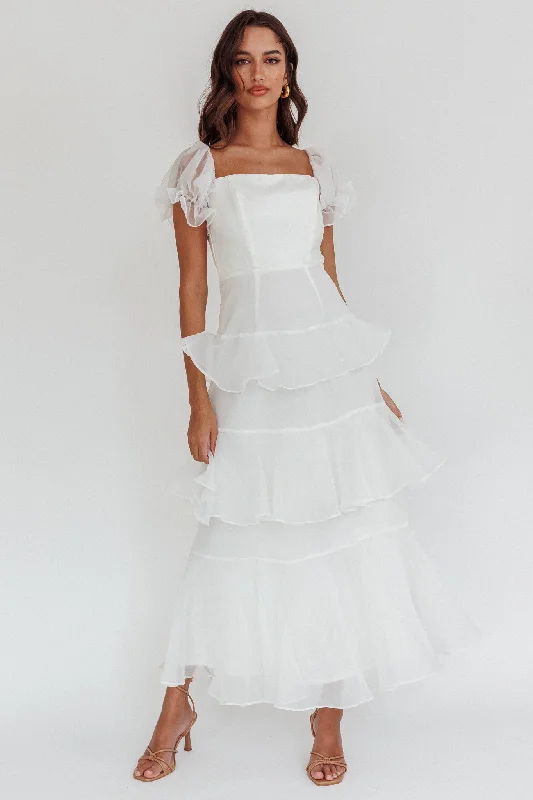 Midi dresses with one - shoulder designs for a modern and asymmetric style Delwynn Puff Sleeve Layered Midi Dress White Midi dresses with one - shoulder designs for a modern and asymmetric style Delwynn Puff Sleeve Layered Midi Dress White