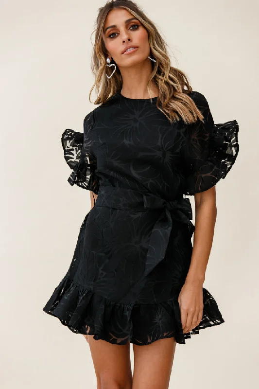 Metallic mini dresses for a glamorous event Coolum Ruffle Sleeve Dress Black