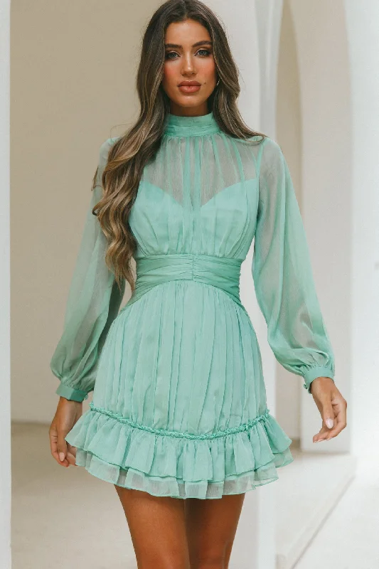 Velvet mini dresses for autumn weddings Mandalay High Neck Long Sleeve Waistband Dress Sage Velvet mini dresses for autumn weddings Mandalay High Neck Long Sleeve Waistband Dress Sage