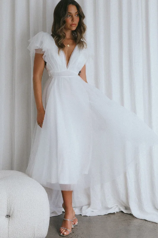 Midi dresses with button - down skirts for a unique and functional design Leap Of Faith Frill Shoulder Tulle Midi Dress White