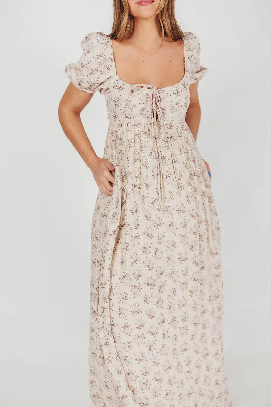 Midi dresses with sheer panels for a touch of allure Haven 100% Cotton Tie-Front Maxi Dress in Blue/Brown Floral - Bump Friendly -Restocking in April
