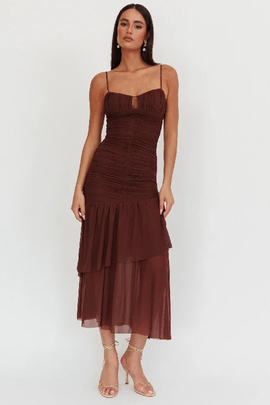 Midi dresses with ribbed textures for a unique and tactile appearance Kailua Ruched Tiered Hem Maxi Dress Chocolate