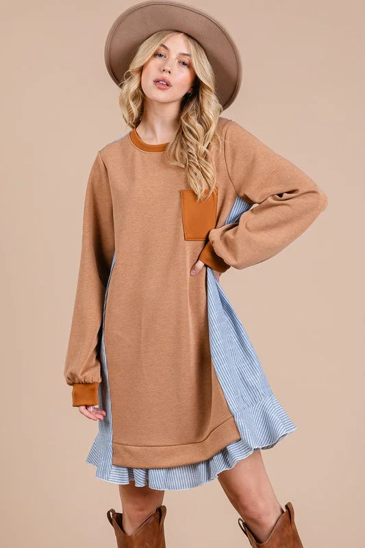 Linen mini dresses for a breathable summer option Ces Femme Striped Patchwork Round Neck Terry Sweatshirt Dress Linen mini dresses for a breathable summer option Ces Femme Striped Patchwork Round Neck Terry Sweatshirt Dress